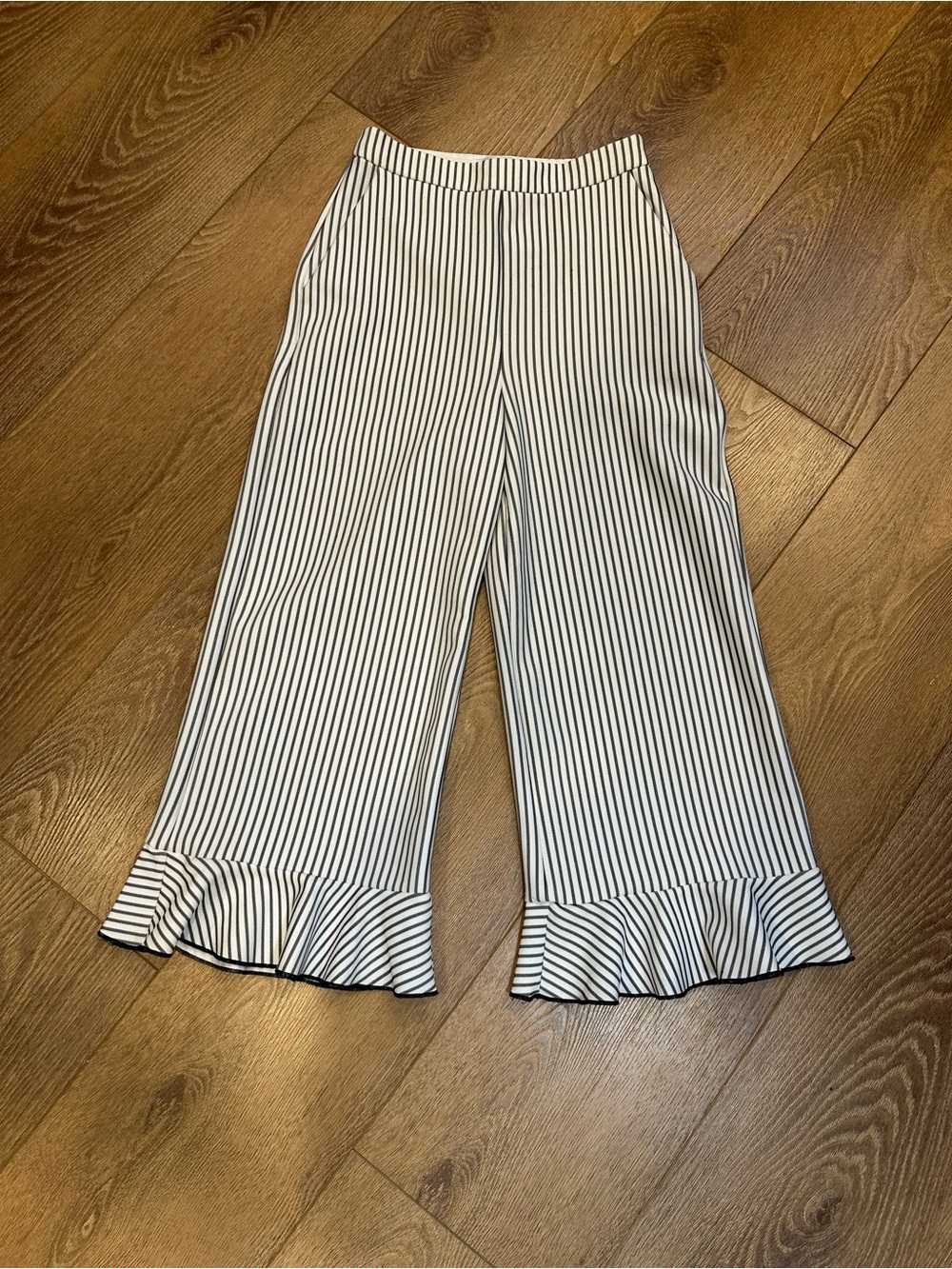 Striped Ruffle Hem Wide Leg Pants - Black & White XS